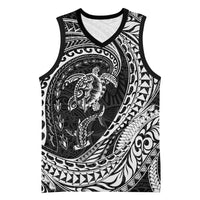 Hawaiian Turtle and Shark Basketball Jersey Kakau Tribal with Polynesian Pattern Black Color