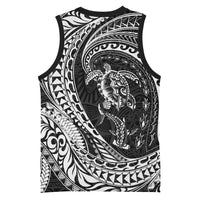 Hawaiian Turtle and Shark Basketball Jersey Kakau Tribal with Polynesian Pattern Black Color