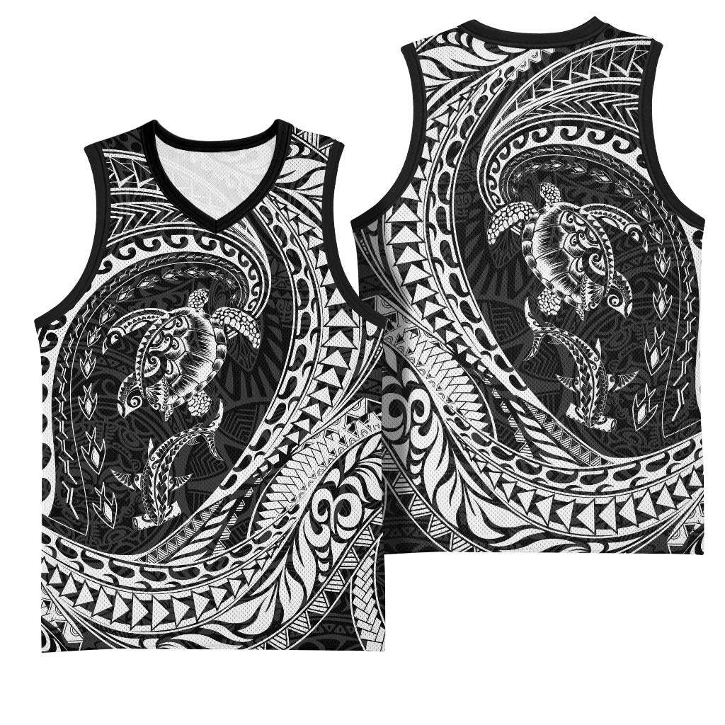 Hawaiian Turtle and Shark Basketball Jersey Kakau Tribal with Polynesian Pattern Black Color
