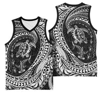 Hawaiian Turtle and Shark Basketball Jersey Kakau Tribal with Polynesian Pattern Black Color