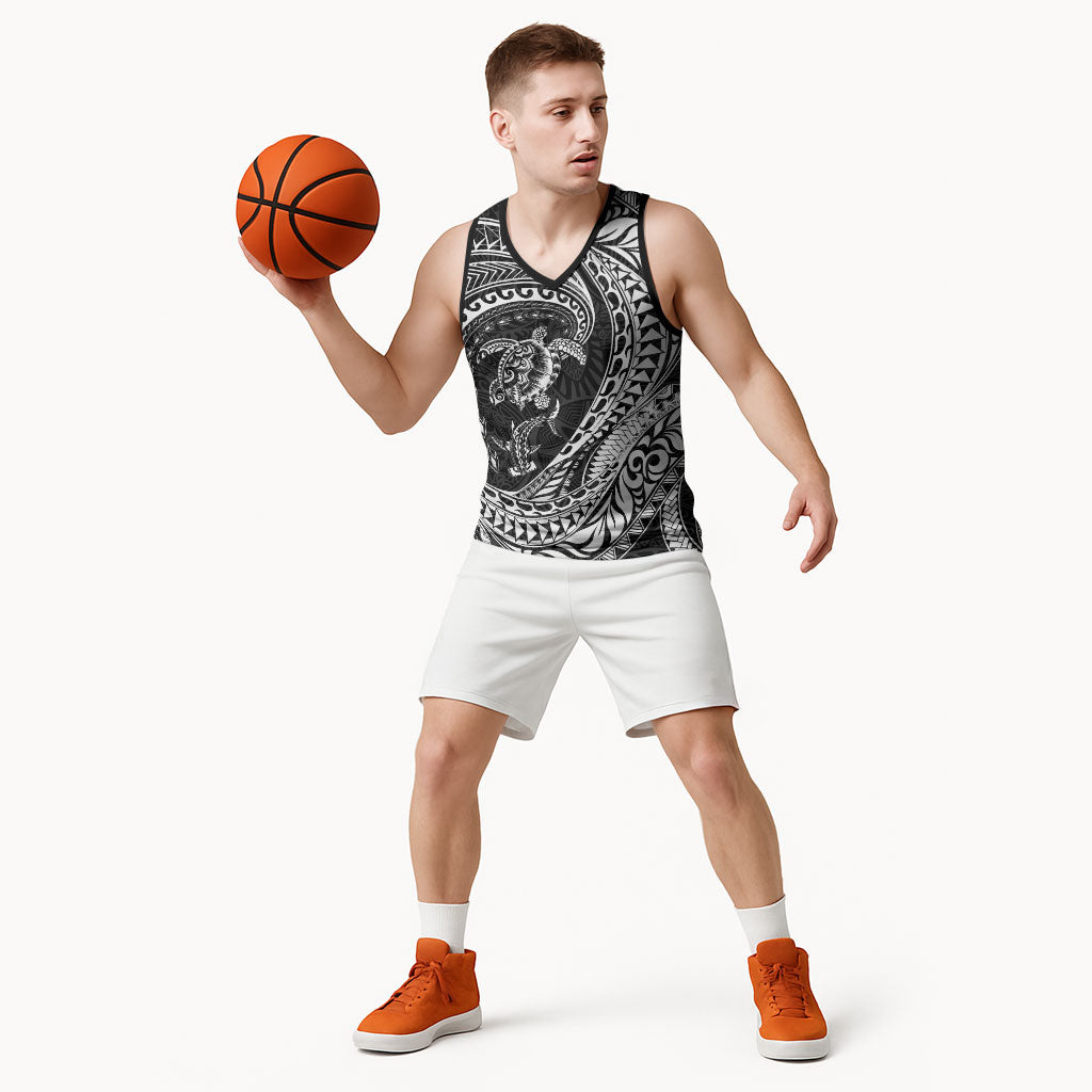Hawaiian Turtle and Shark Basketball Jersey Kakau Tribal with Polynesian Pattern Black Color