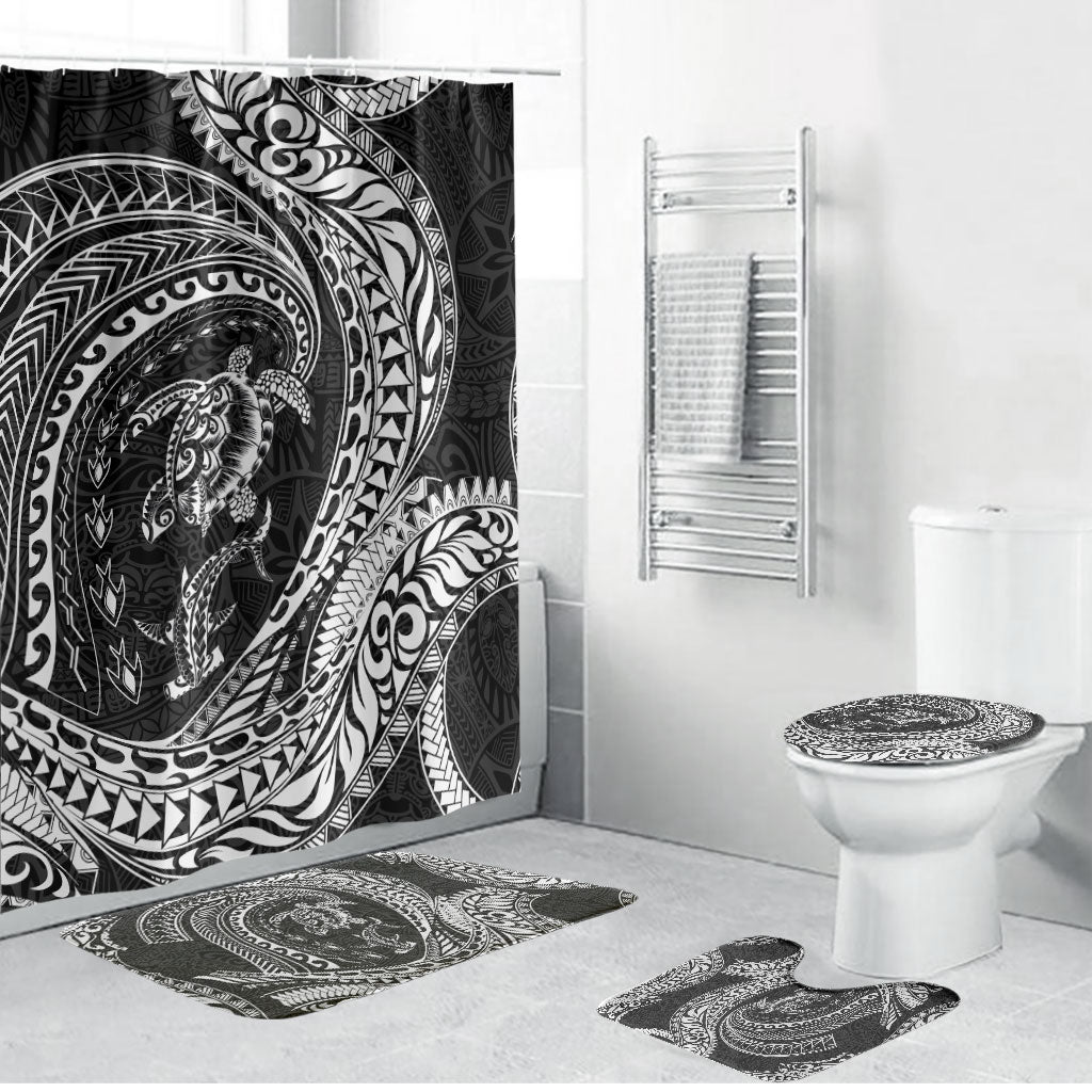 Hawaiian Turtle and Shark Bathroom Set Kakau Tribal with Polynesian Pattern Black Color