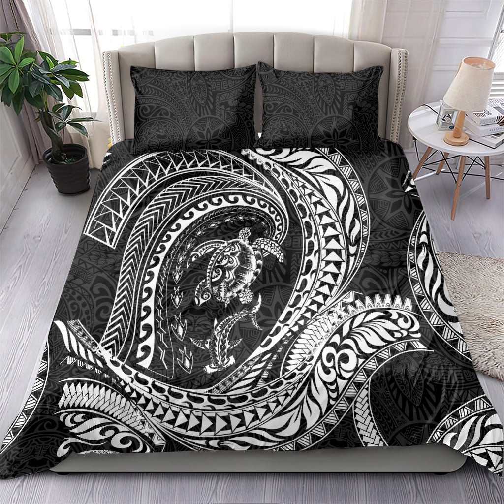Hawaiian Turtle and Shark Bedding Set Kakau Tribal with Polynesian Pattern Black Color