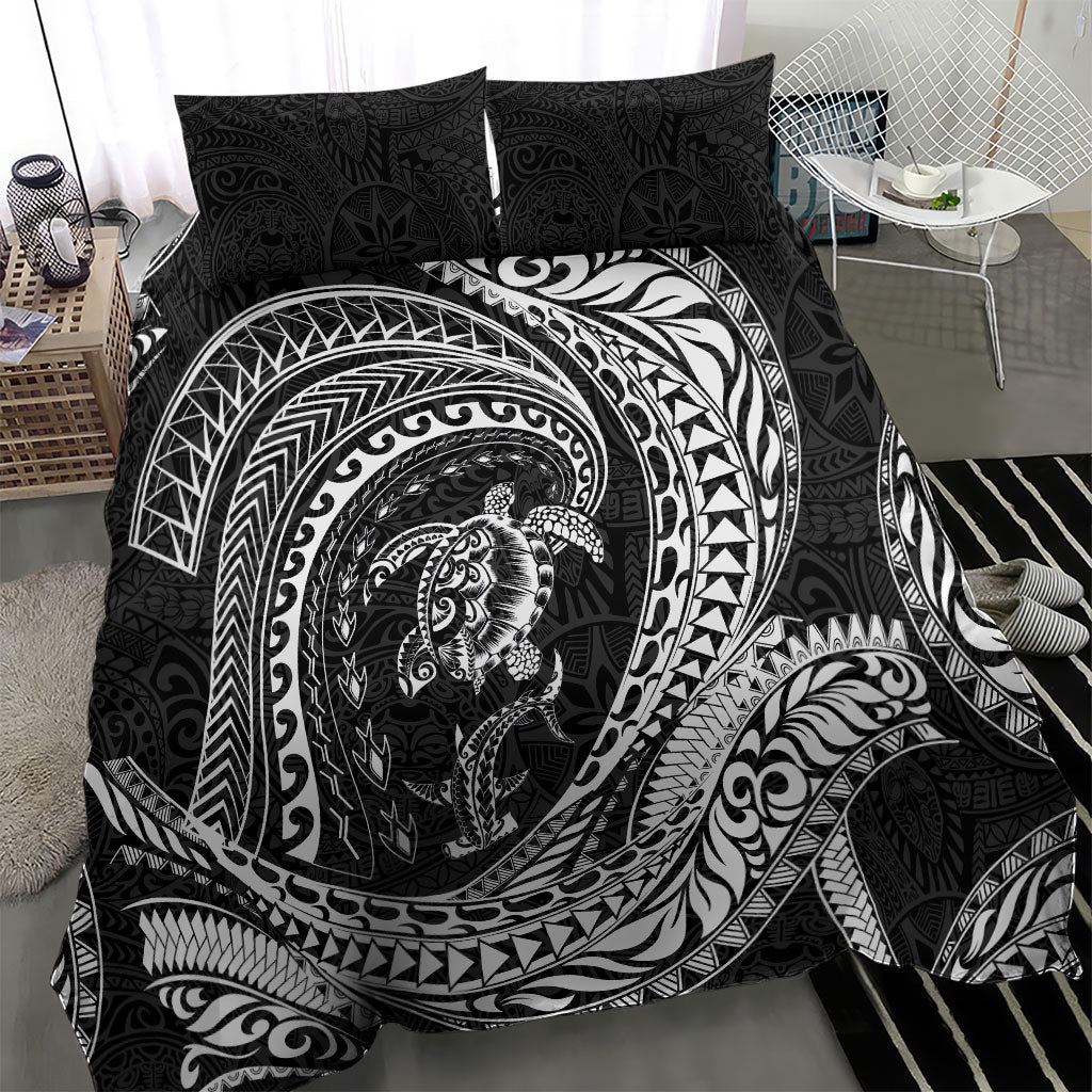 Hawaiian Turtle and Shark Bedding Set Kakau Tribal with Polynesian Pattern Black Color