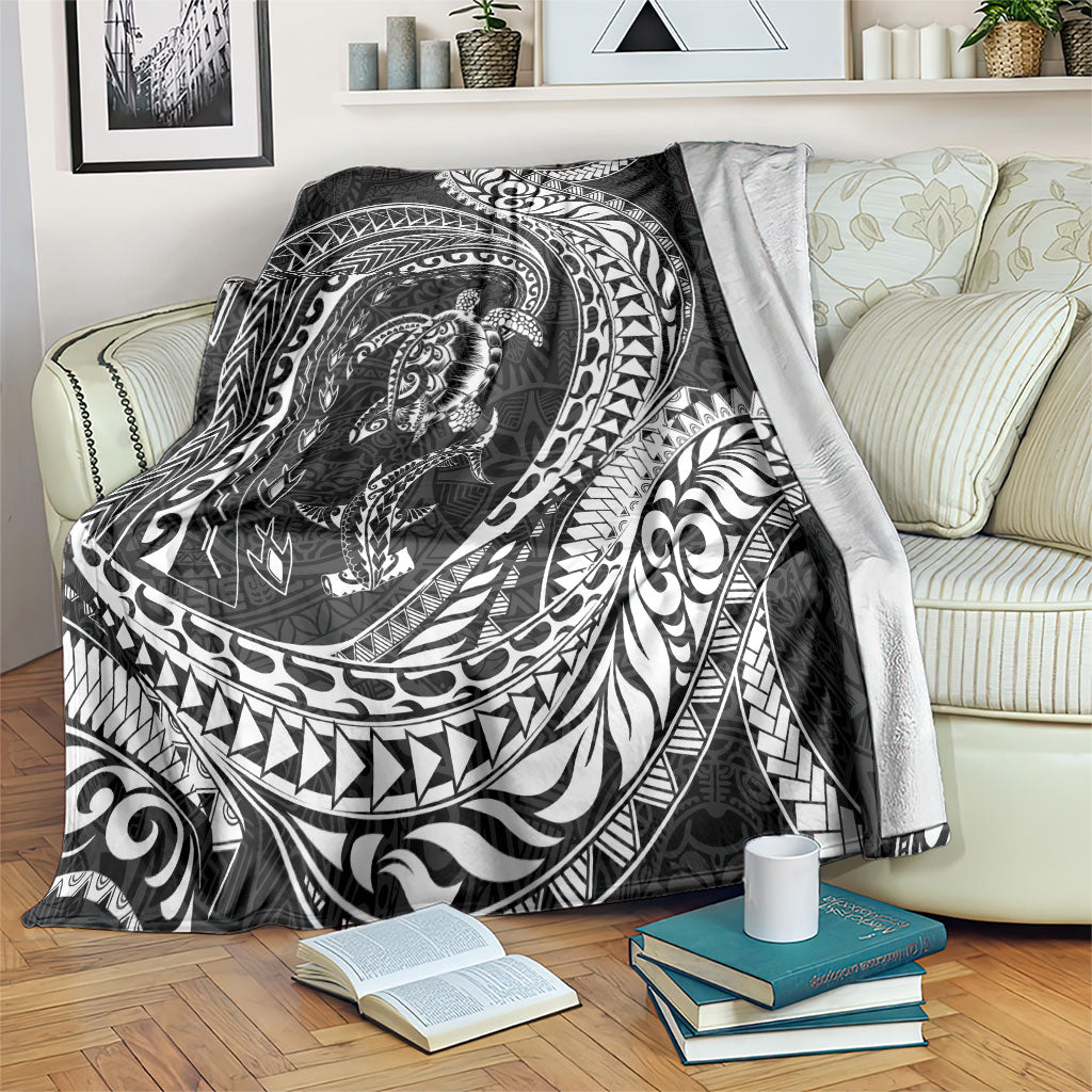 Hawaiian Turtle and Shark Blanket Kakau Tribal with Polynesian Pattern Black Color