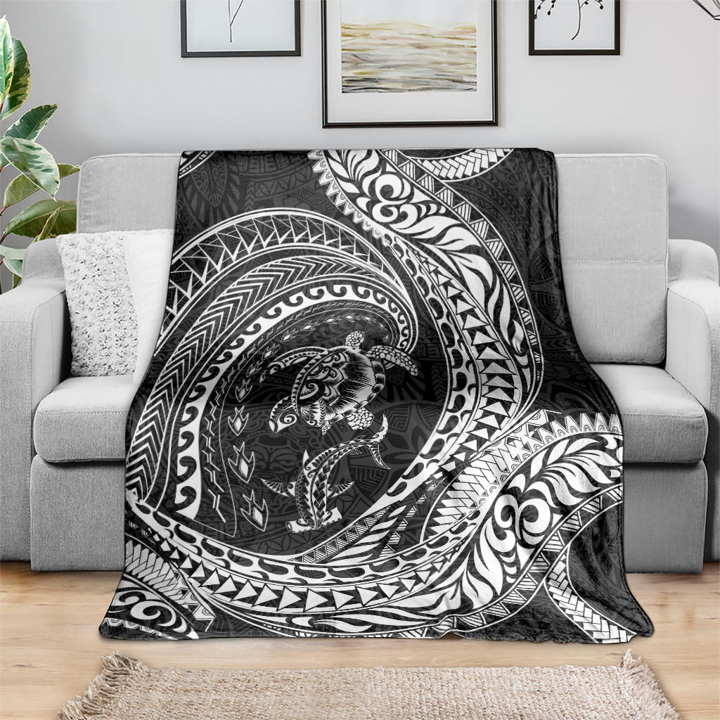 Hawaiian Turtle and Shark Blanket Kakau Tribal with Polynesian Pattern Black Color