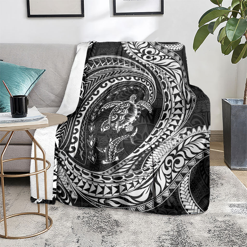 Hawaiian Turtle and Shark Blanket Kakau Tribal with Polynesian Pattern Black Color