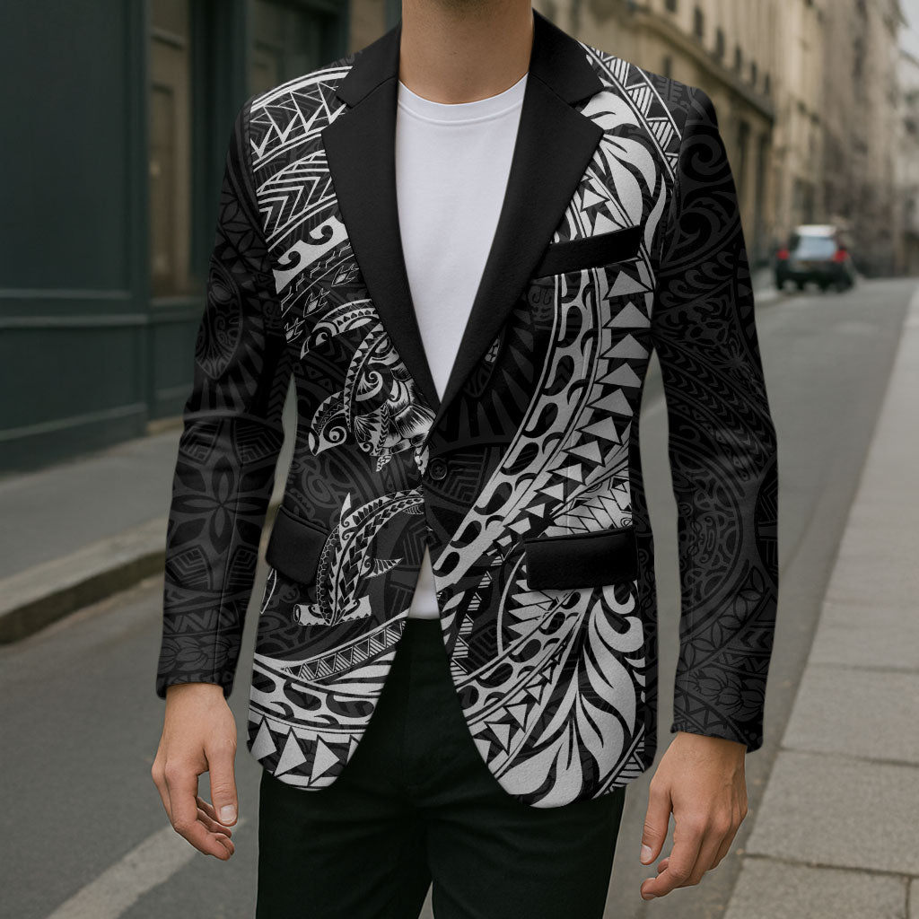 Hawaiian Turtle and Shark Blazer Kakau Tribal with Polynesian Pattern Black Color