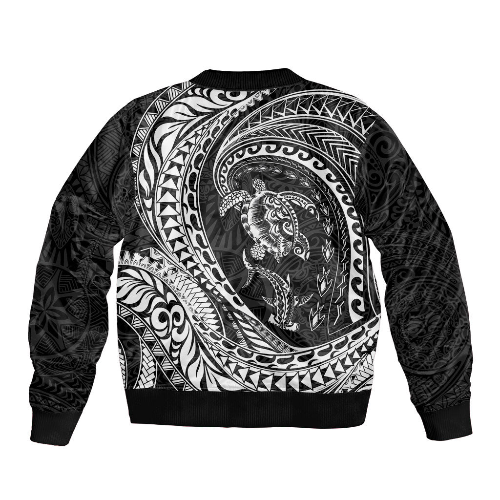 Hawaiian Turtle and Shark Bomber Jacket Kakau Tribal with Polynesian Pattern Black Color