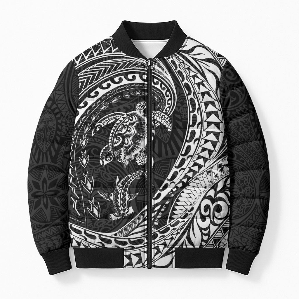 Hawaiian Turtle and Shark Bomber Puffer Jacket Kakau Tribal with Polynesian Pattern Black Color