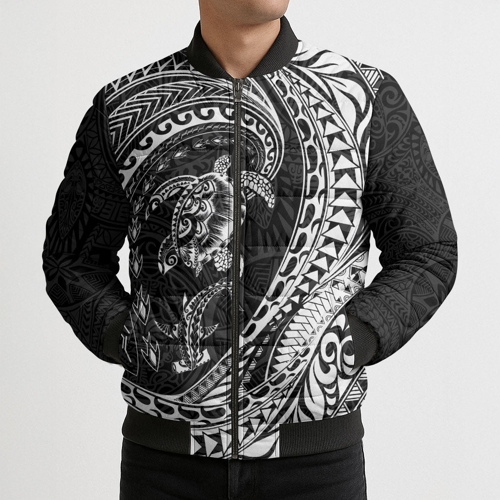 Hawaiian Turtle and Shark Bomber Puffer Jacket Kakau Tribal with Polynesian Pattern Black Color