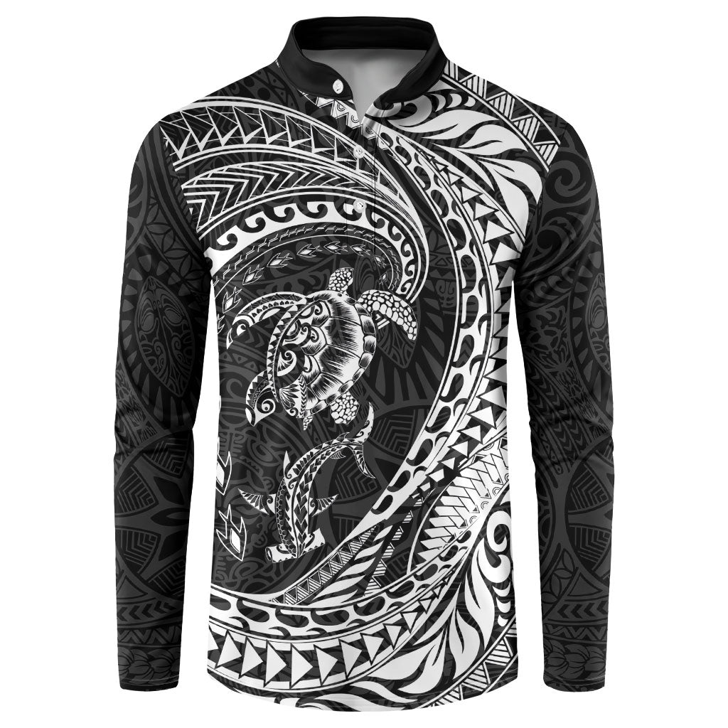 Hawaiian Turtle and Shark Button Sweatshirt Kakau Tribal with Polynesian Pattern Black Color