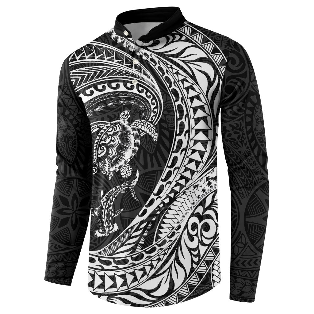 Hawaiian Turtle and Shark Button Sweatshirt Kakau Tribal with Polynesian Pattern Black Color