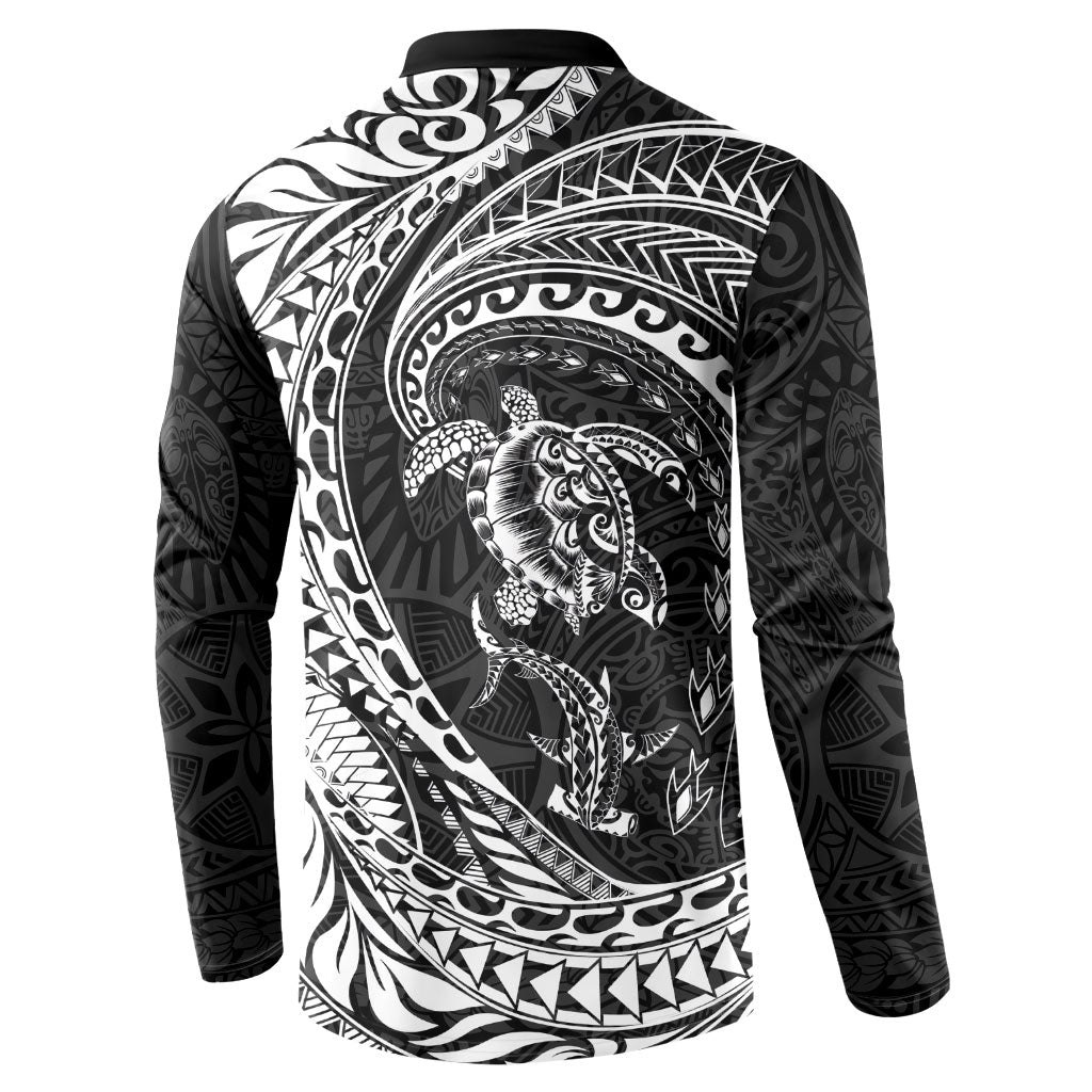 Hawaiian Turtle and Shark Button Sweatshirt Kakau Tribal with Polynesian Pattern Black Color