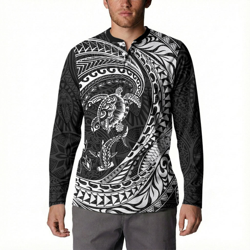 Hawaiian Turtle and Shark Button Sweatshirt Kakau Tribal with Polynesian Pattern Black Color