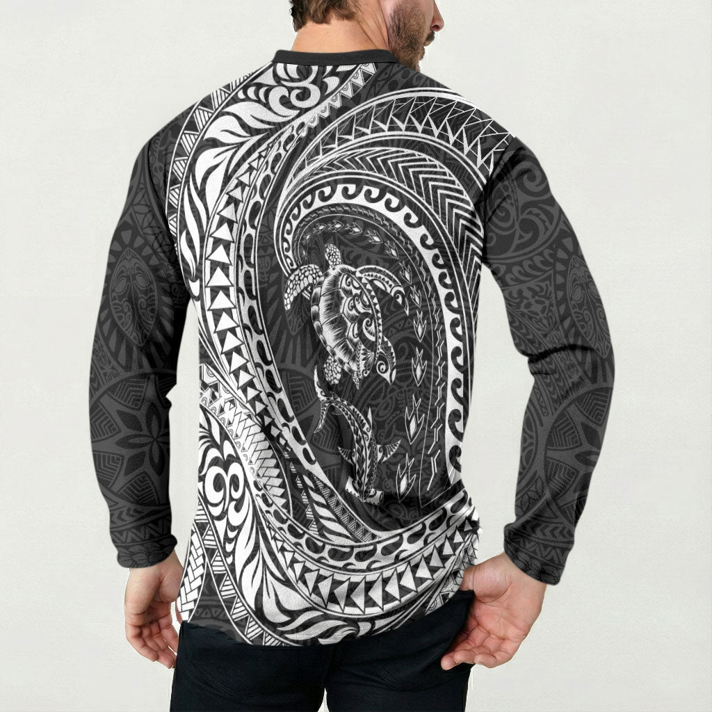 Hawaiian Turtle and Shark Button Sweatshirt Kakau Tribal with Polynesian Pattern Black Color