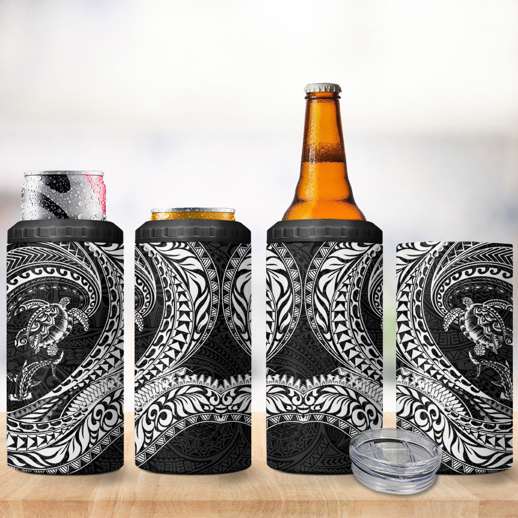 Hawaiian Turtle and Shark 4 in 1 Can Cooler Tumbler Kakau Tribal with Polynesian Pattern Black Color
