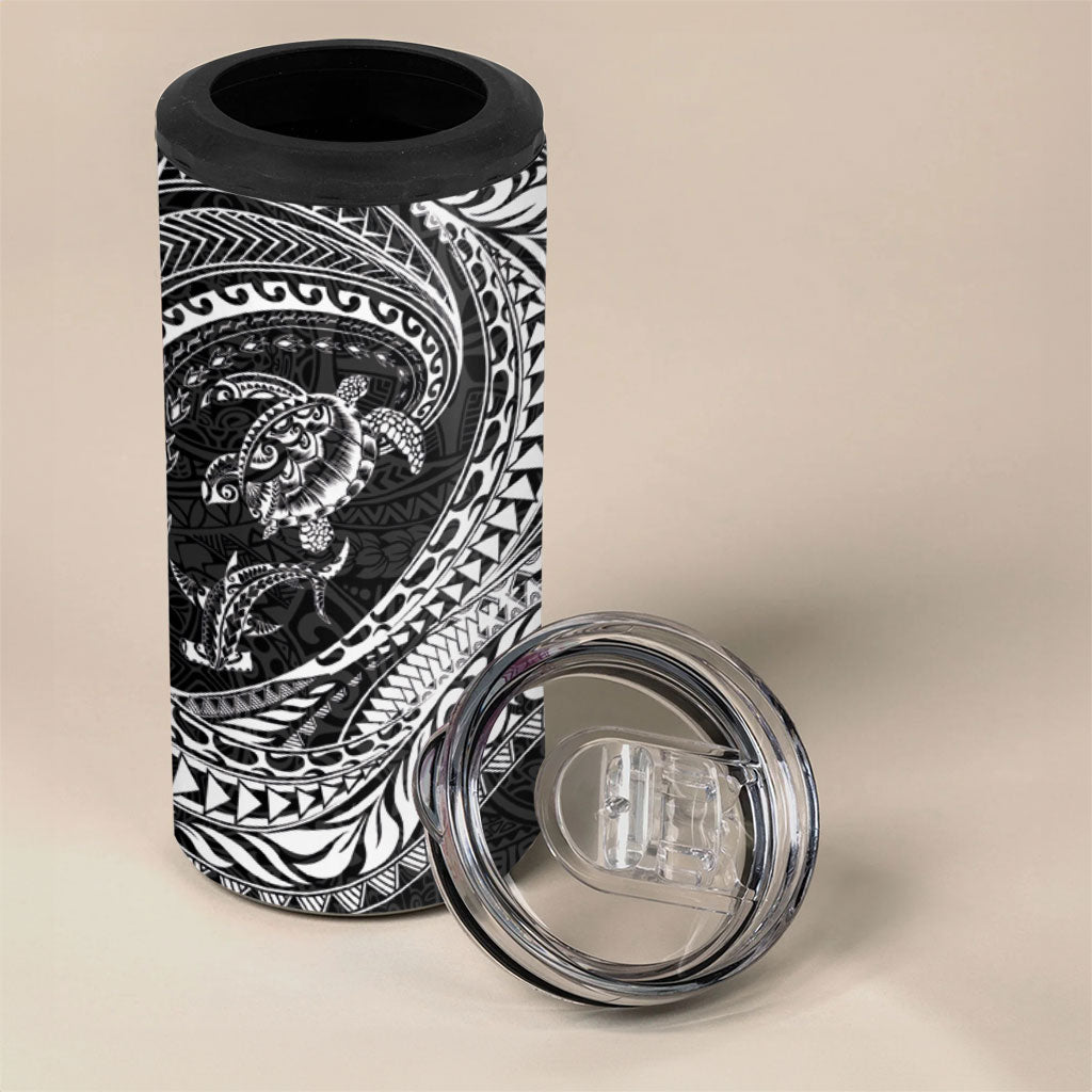 Hawaiian Turtle and Shark 4 in 1 Can Cooler Tumbler Kakau Tribal with Polynesian Pattern Black Color