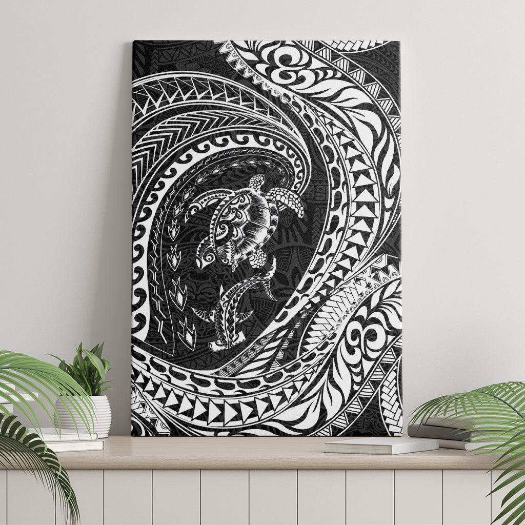 Hawaiian Turtle and Shark Canvas Wall Art Kakau Tribal with Polynesian Pattern Black Color