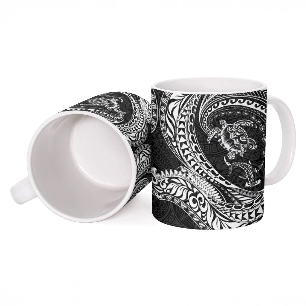 Hawaiian Turtle and Shark Ceramic Mug Kakau Tribal with Polynesian Pattern Black Color