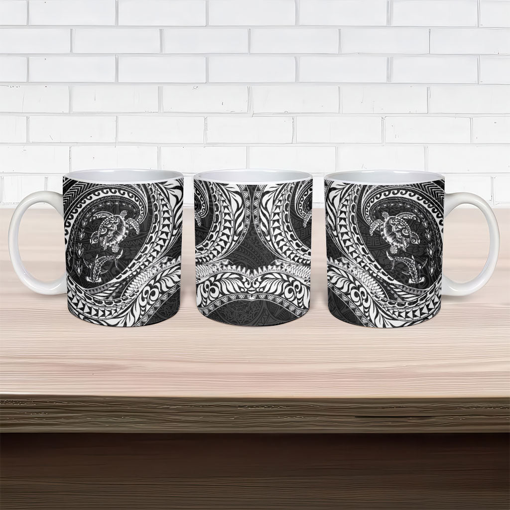 Hawaiian Turtle and Shark Ceramic Mug Kakau Tribal with Polynesian Pattern Black Color