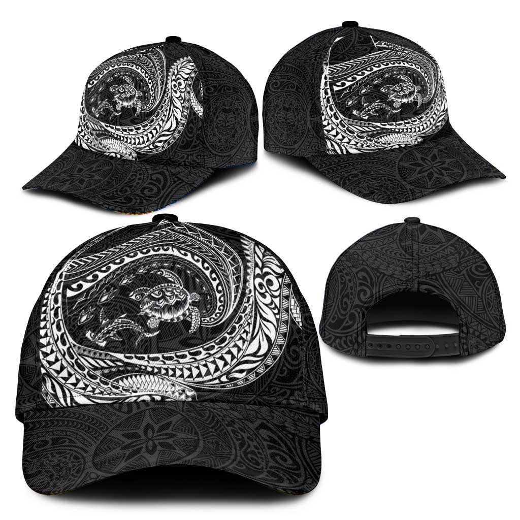 Hawaiian Turtle and Shark Classic Cap Kakau Tribal with Polynesian Pattern Black Color