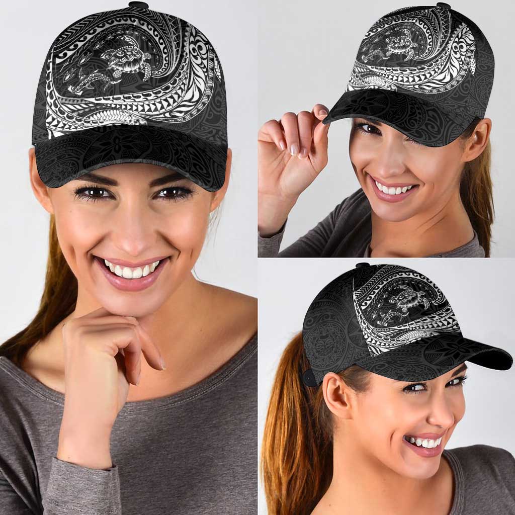 Hawaiian Turtle and Shark Classic Cap Kakau Tribal with Polynesian Pattern Black Color