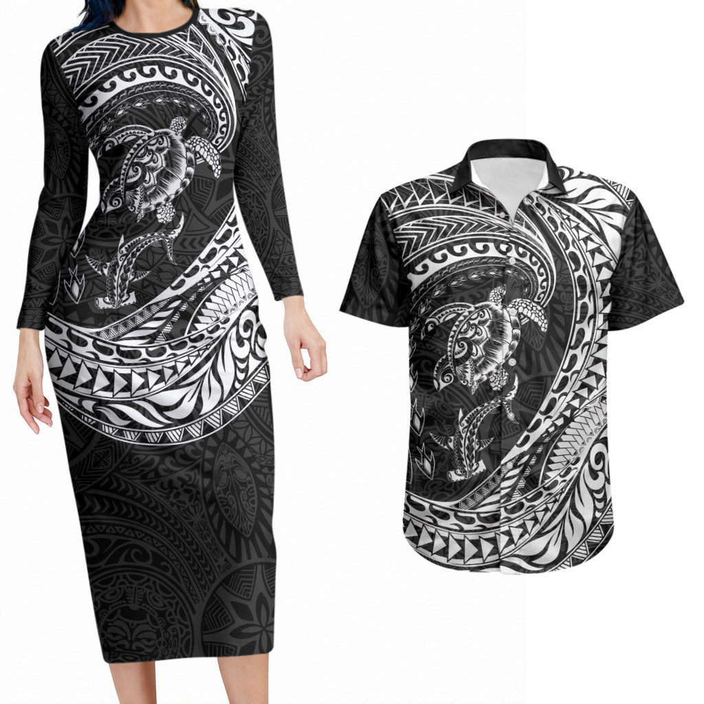 Hawaiian Turtle and Shark Couples Matching Long Sleeve Bodycon Dress and Hawaiian Shirt Kakau Tribal with Polynesian Pattern Black Color