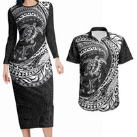 Hawaiian Turtle and Shark Couples Matching Long Sleeve Bodycon Dress and Hawaiian Shirt Kakau Tribal with Polynesian Pattern Black Color