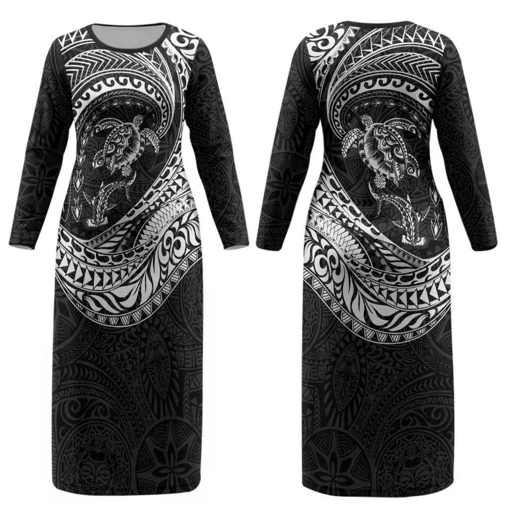 Hawaiian Turtle and Shark Couples Matching Long Sleeve Bodycon Dress and Hawaiian Shirt Kakau Tribal with Polynesian Pattern Black Color