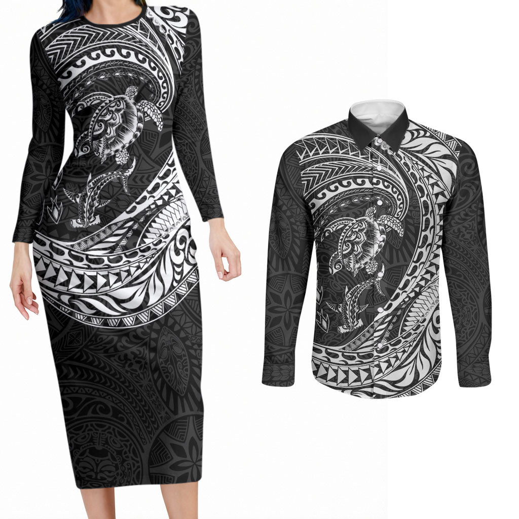 Hawaiian Turtle and Shark Couples Matching Long Sleeve Bodycon Dress and Long Sleeve Button Shirt Kakau Tribal with Polynesian Pattern Black Color
