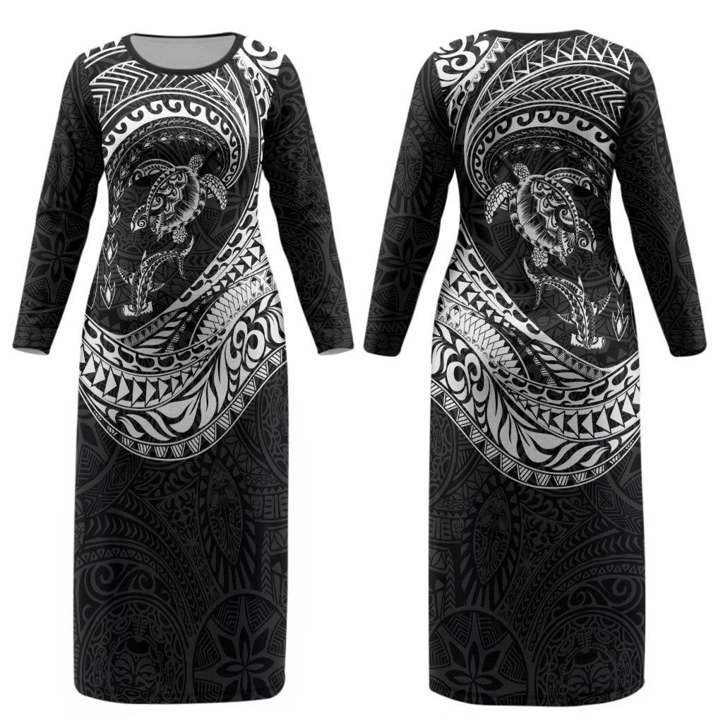 Hawaiian Turtle and Shark Couples Matching Long Sleeve Bodycon Dress and Long Sleeve Button Shirt Kakau Tribal with Polynesian Pattern Black Color