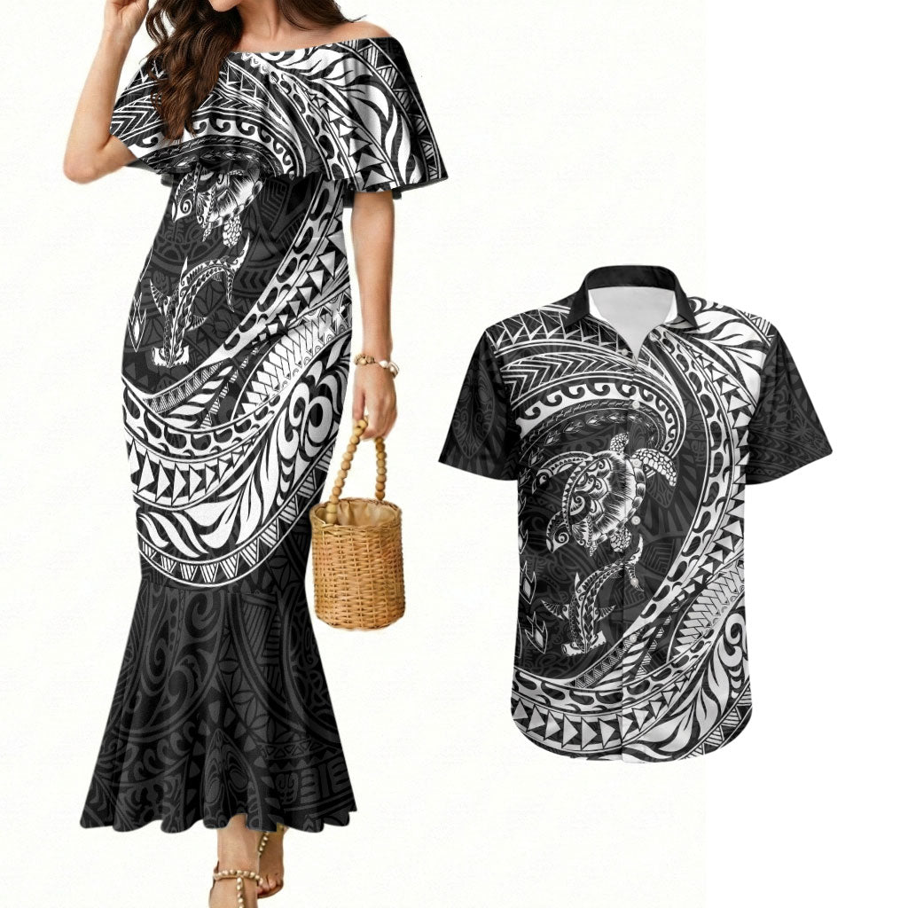 Hawaiian Turtle and Shark Couples Matching Mermaid Dress and Hawaiian Shirt Kakau Tribal with Polynesian Pattern Black Color