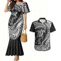 Hawaiian Turtle and Shark Couples Matching Mermaid Dress and Hawaiian Shirt Kakau Tribal with Polynesian Pattern Black Color