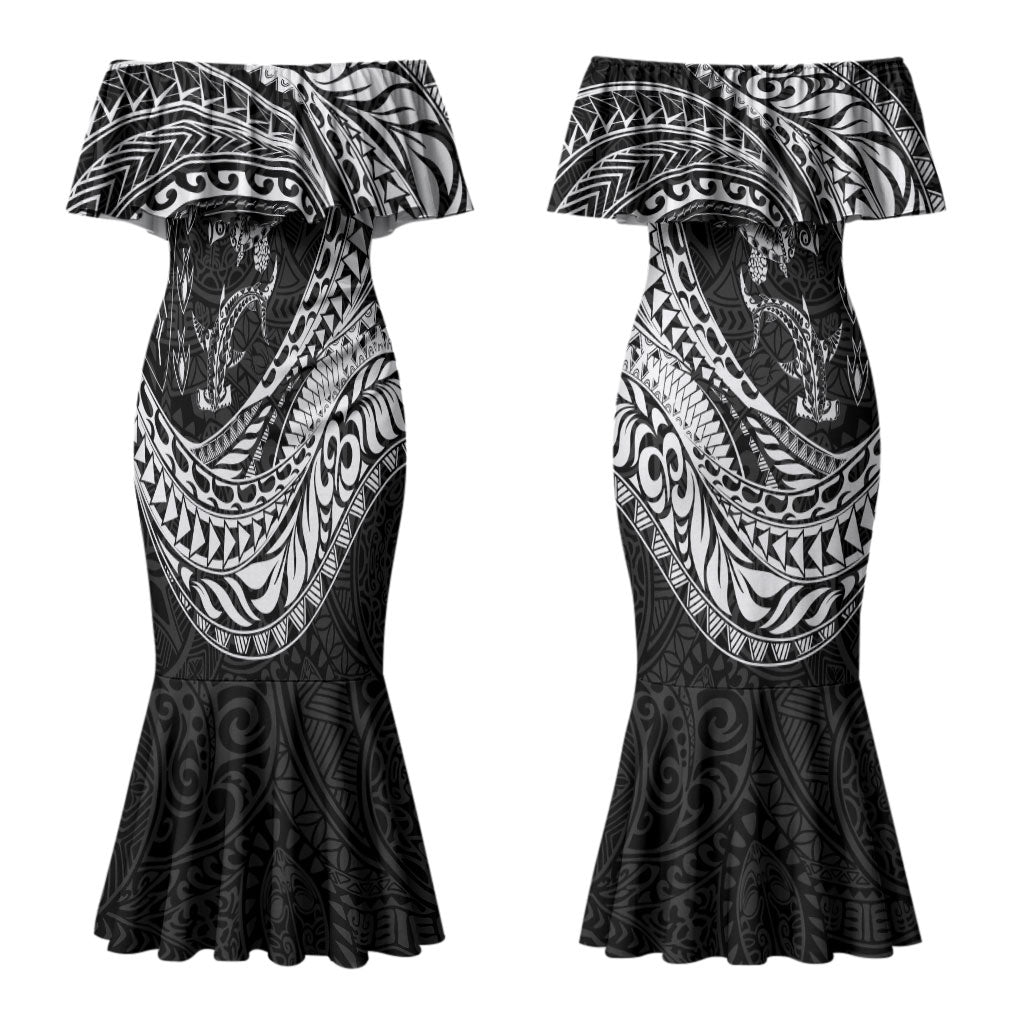 Hawaiian Turtle and Shark Couples Matching Mermaid Dress and Hawaiian Shirt Kakau Tribal with Polynesian Pattern Black Color