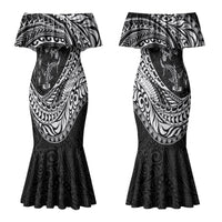 Hawaiian Turtle and Shark Couples Matching Mermaid Dress and Hawaiian Shirt Kakau Tribal with Polynesian Pattern Black Color