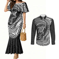 Hawaiian Turtle and Shark Couples Matching Mermaid Dress and Long Sleeve Button Shirt Kakau Tribal with Polynesian Pattern Black Color