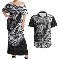 Hawaiian Turtle and Shark Couples Matching Off Shoulder Maxi Dress and Hawaiian Shirt Kakau Tribal with Polynesian Pattern Black Color