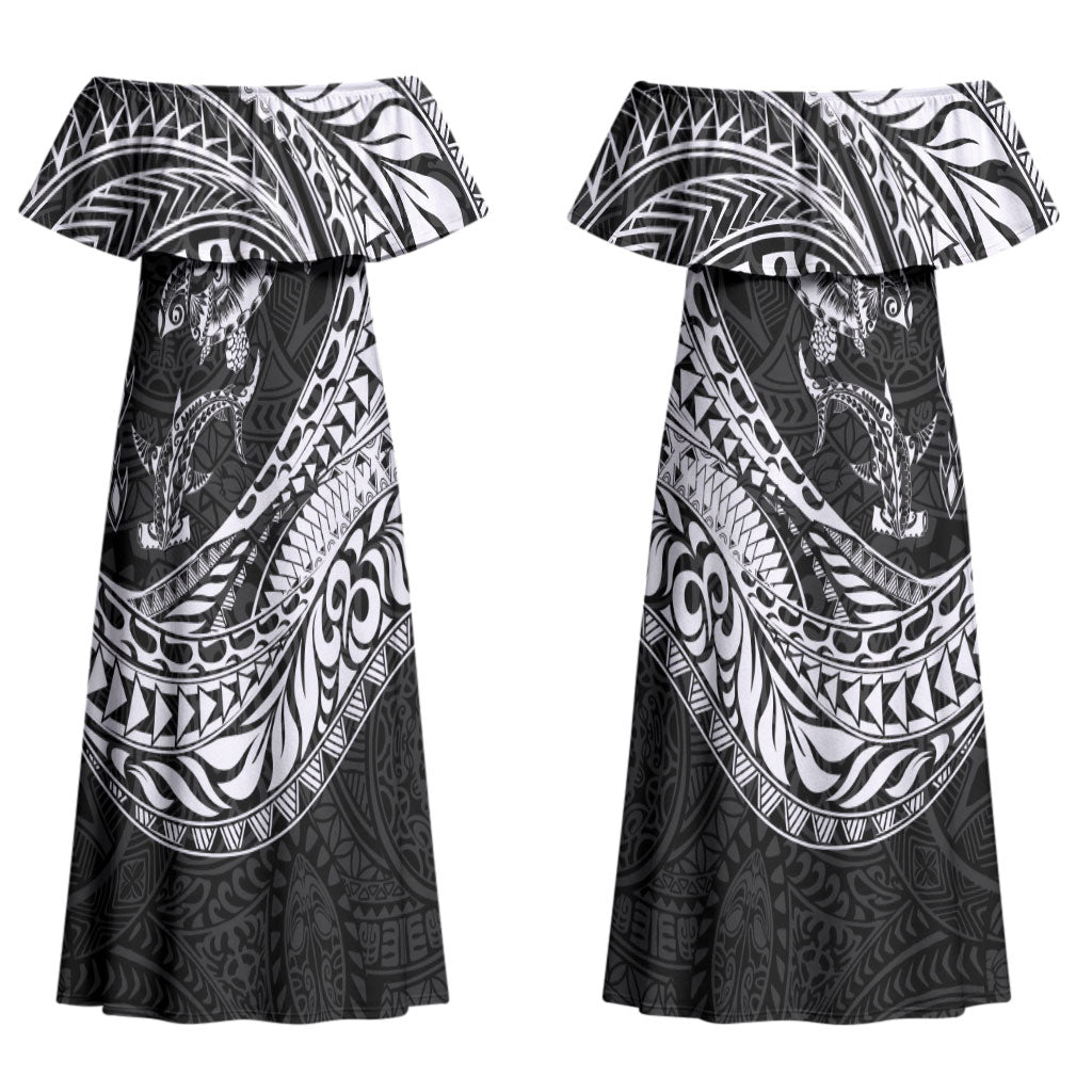 Hawaiian Turtle and Shark Couples Matching Off Shoulder Maxi Dress and Hawaiian Shirt Kakau Tribal with Polynesian Pattern Black Color