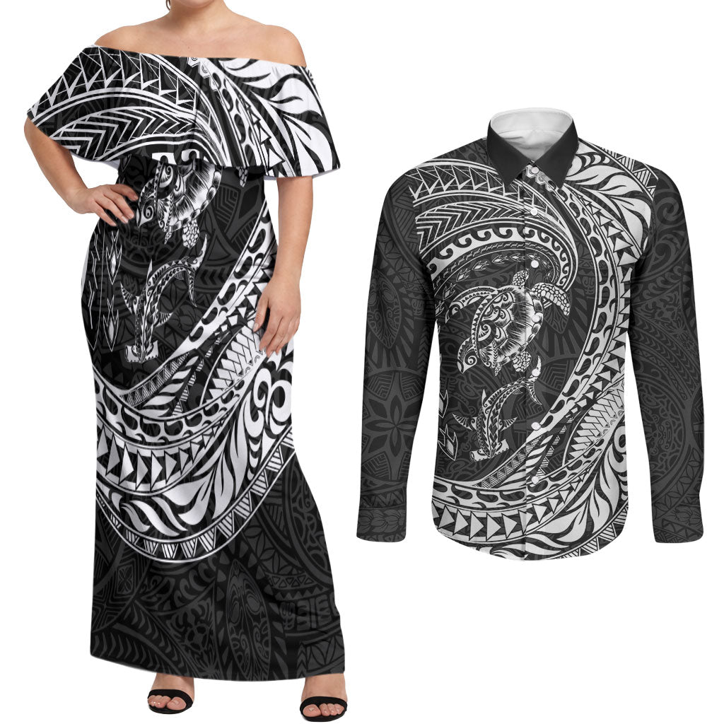 Hawaiian Turtle and Shark Couples Matching Off Shoulder Maxi Dress and Long Sleeve Button Shirt Kakau Tribal with Polynesian Pattern Black Color
