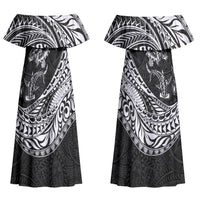 Hawaiian Turtle and Shark Couples Matching Off Shoulder Maxi Dress and Long Sleeve Button Shirt Kakau Tribal with Polynesian Pattern Black Color