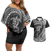 Hawaiian Turtle and Shark Couples Matching Off Shoulder Short Dress and Hawaiian Shirt Kakau Tribal with Polynesian Pattern Black Color