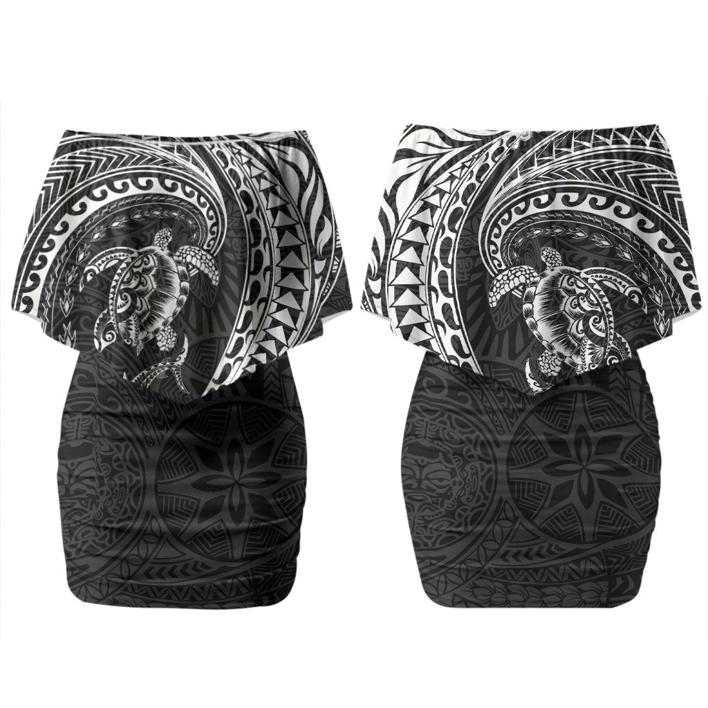 Hawaiian Turtle and Shark Couples Matching Off Shoulder Short Dress and Hawaiian Shirt Kakau Tribal with Polynesian Pattern Black Color