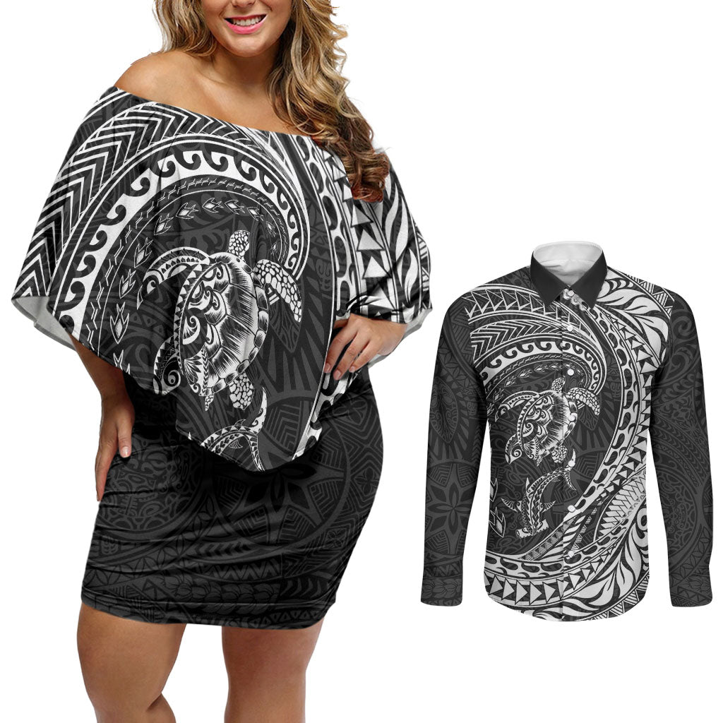 Hawaiian Turtle and Shark Couples Matching Off Shoulder Short Dress and Long Sleeve Button Shirt Kakau Tribal with Polynesian Pattern Black Color