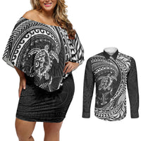 Hawaiian Turtle and Shark Couples Matching Off Shoulder Short Dress and Long Sleeve Button Shirt Kakau Tribal with Polynesian Pattern Black Color