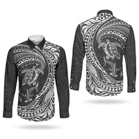 Hawaiian Turtle and Shark Couples Matching Off Shoulder Short Dress and Long Sleeve Button Shirt Kakau Tribal with Polynesian Pattern Black Color
