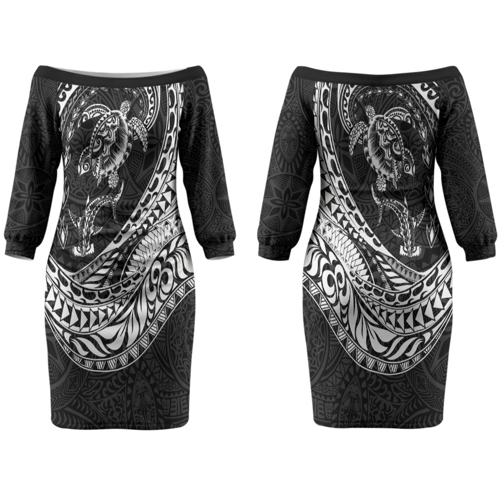 Hawaiian Turtle and Shark Couples Matching Off The Shoulder Long Sleeve Dress and Hawaiian Shirt Kakau Tribal with Polynesian Pattern Black Color