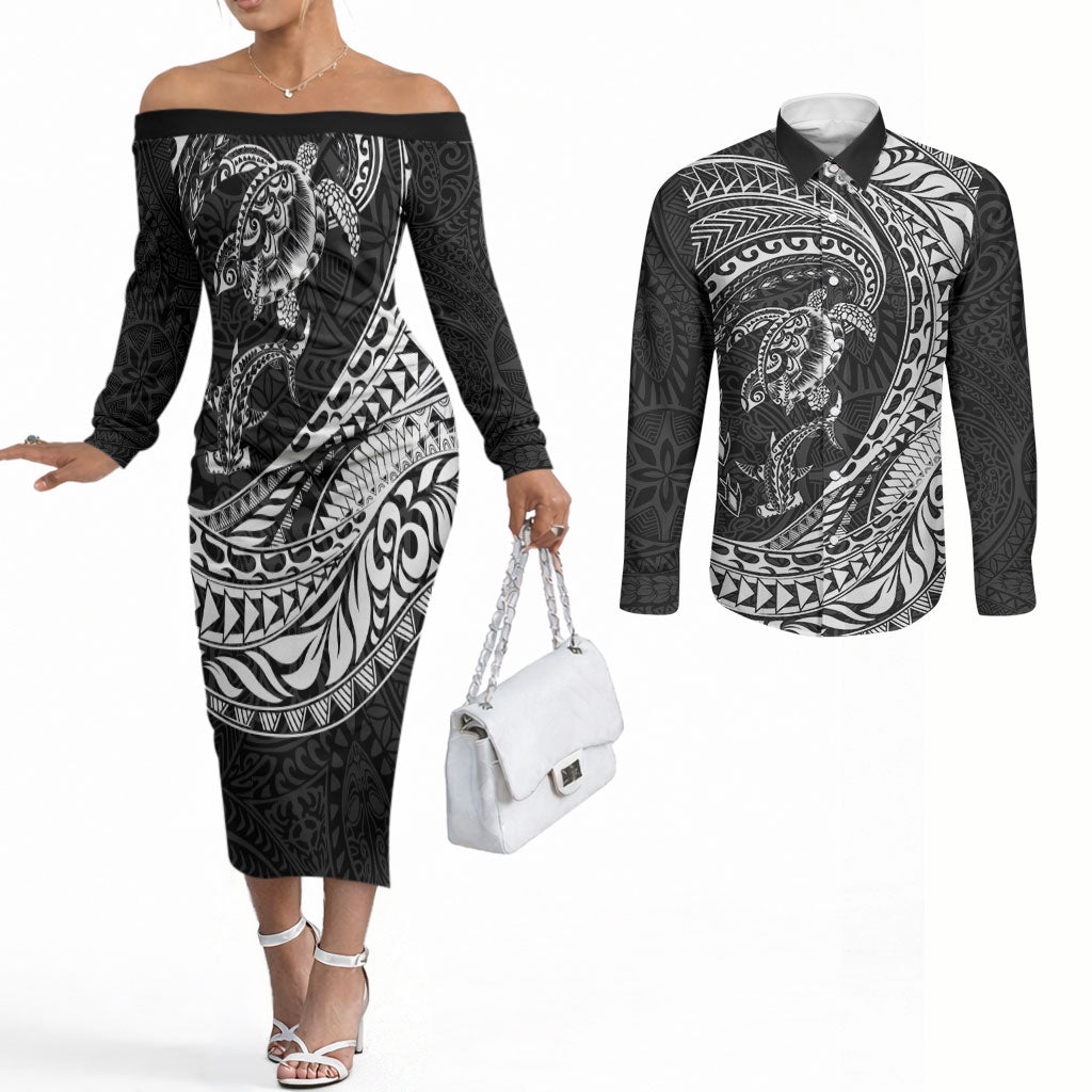 Hawaiian Turtle and Shark Couples Matching Off The Shoulder Long Sleeve Dress and Long Sleeve Button Shirt Kakau Tribal with Polynesian Pattern Black Color