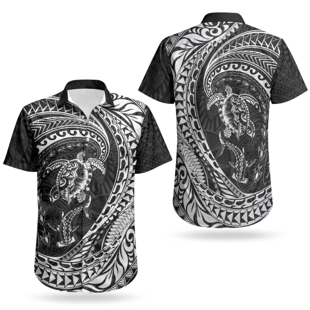 Hawaiian Turtle and Shark Couples Matching Puletasi and Hawaiian Shirt Kakau Tribal with Polynesian Pattern Black Color