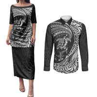 Hawaiian Turtle and Shark Couples Matching Puletasi and Long Sleeve Button Shirt Kakau Tribal with Polynesian Pattern Black Color